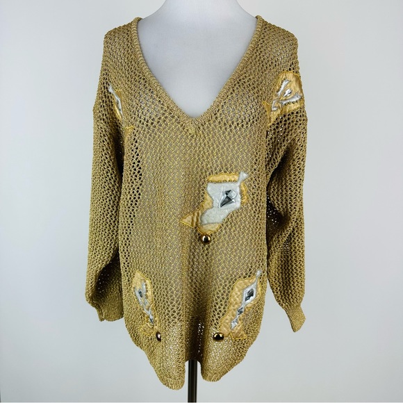 Vintage Sweaters - Vintage Gold Metallic Pronto Moda Cowboy Boot Open Weave Sweater Size Small